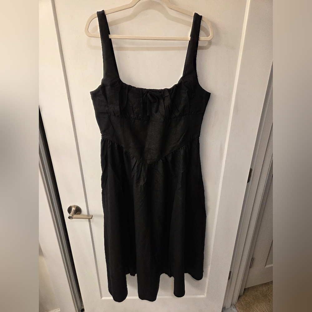 NWT - Maison D'Amelie Linen Blend Corset Detailed Smock Back Black Maxi Dress-L - Picture 3 of 14